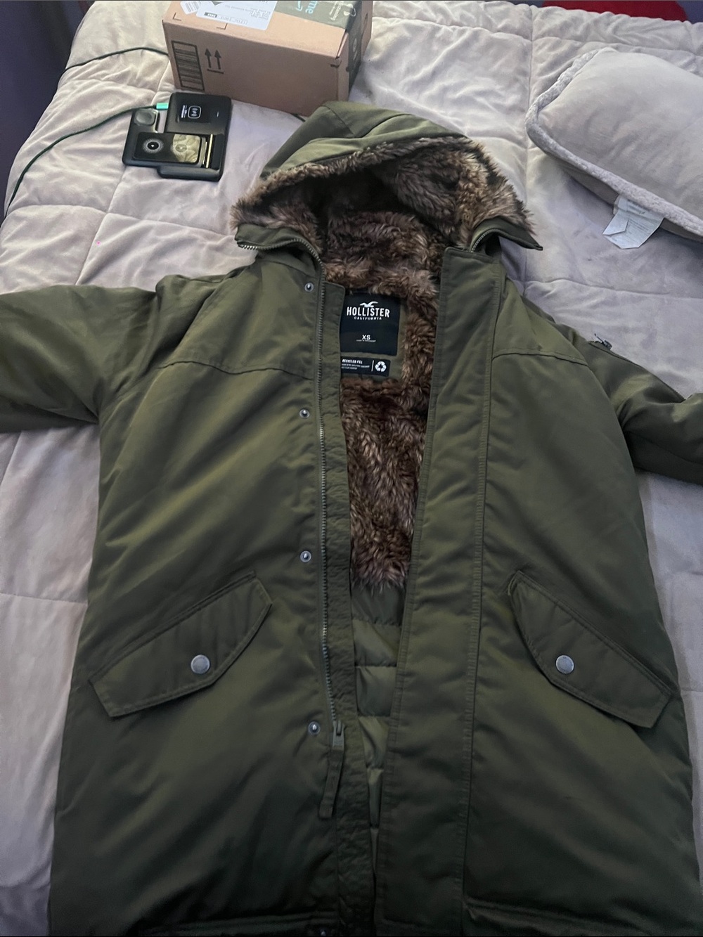 Hollister Olive Green Hooded Parka with Faux-Fur Lining